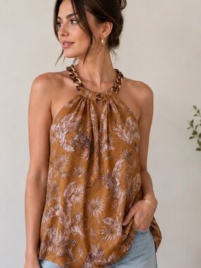 Bailey 44 Tiger Jungle Print Chain Halter Top Large
